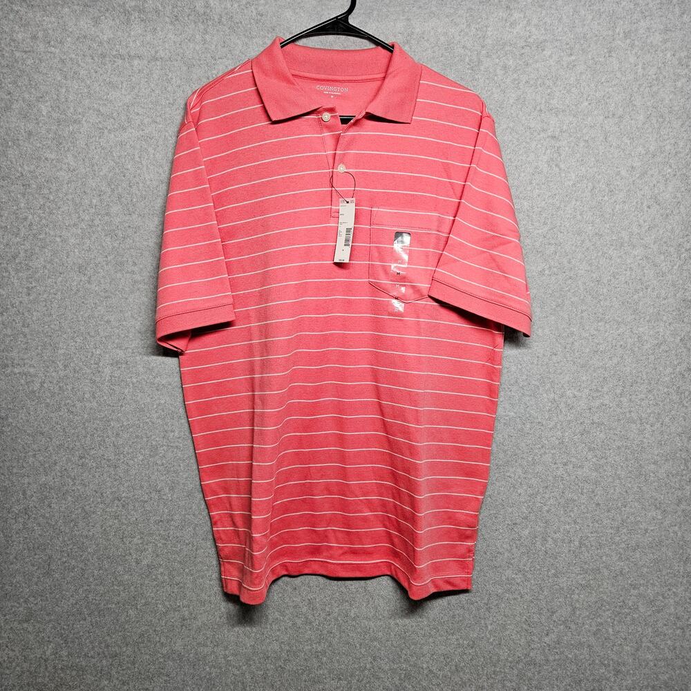 Covington Polo Shirt Mens Medium Pink Striped 2 Button Collared Short Sleeve NWT